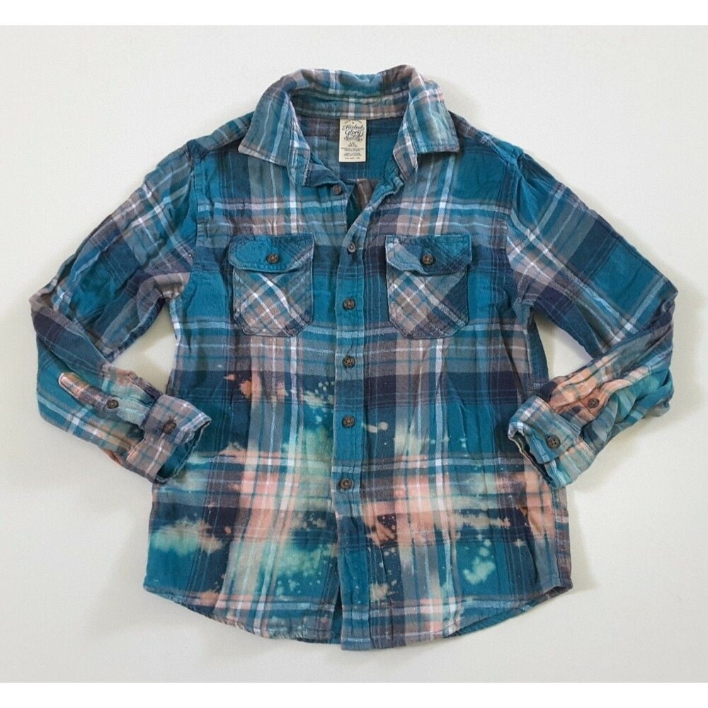Upcycled Distressed Bleached Hand Dyed Flannel Grunge Rockabilly Shirt Youth L